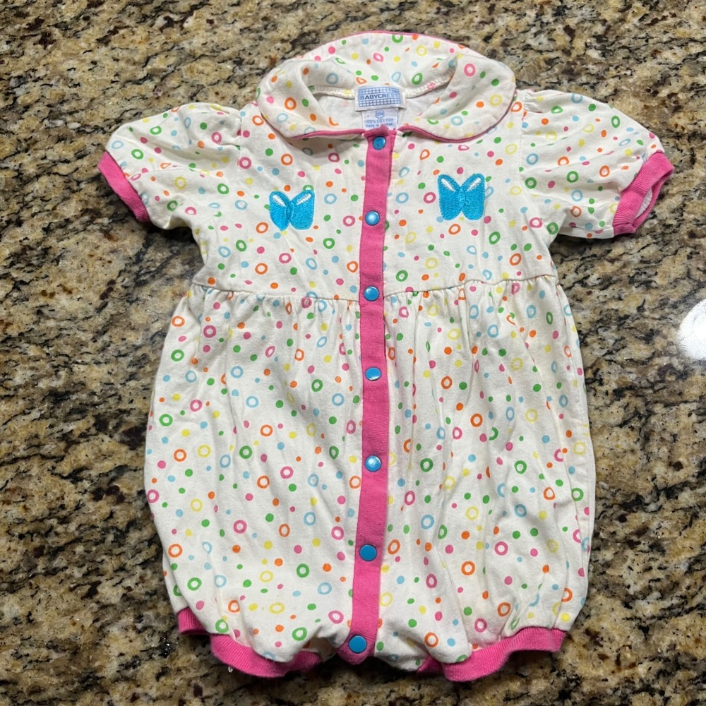 Babycrest Vintage Girls 12M Romper Multi Color Dot Butterfly Cotton Pink Trim
